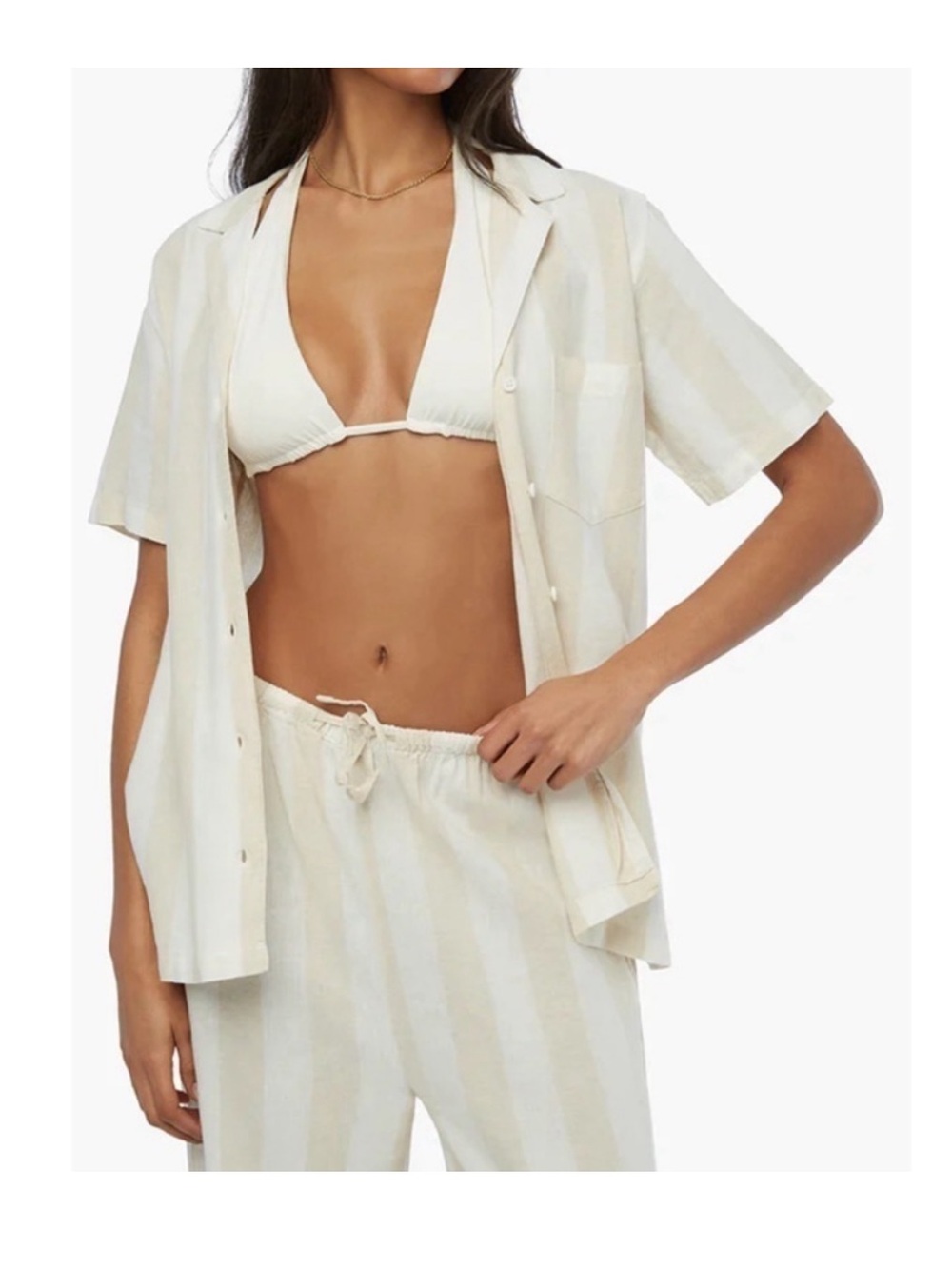 WeWoreWhat Women's White and Tan Stripe Lounge Collared Button Down Shirt